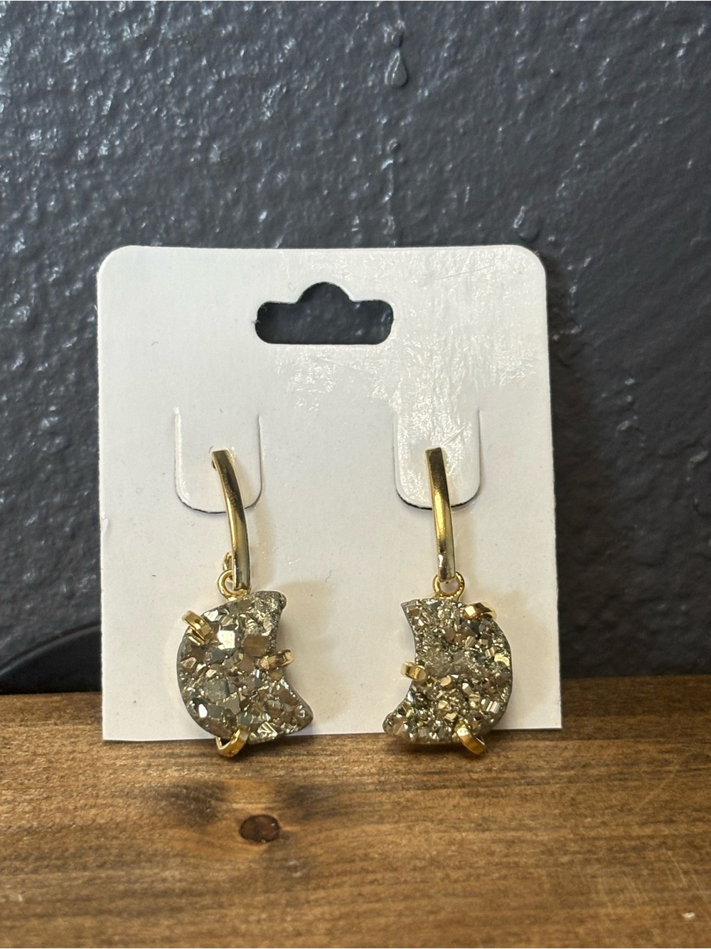 Druzy Pyrite Crescent Drop Earrings - Women Jewelry
